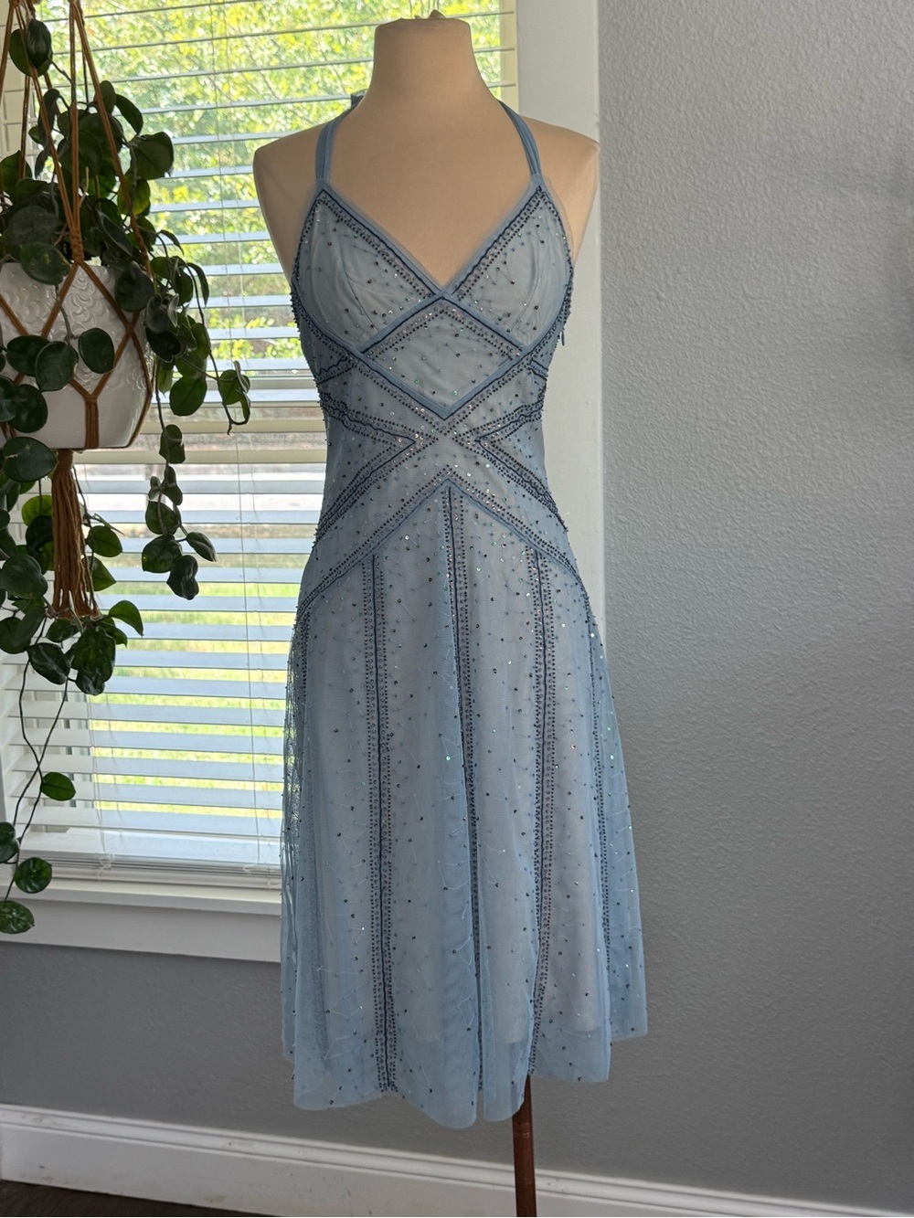 Y2K BCBG Light Blue Beaded Halter Dress Size XS